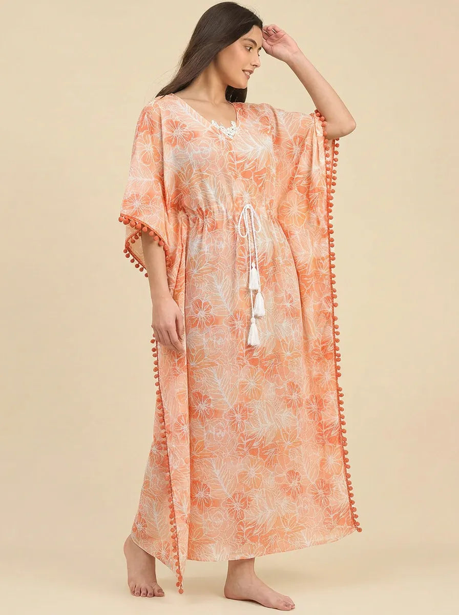The Kaftan Company Kaftan Peach Floral Print Cotton Kaftan with Pom-Pom Trim