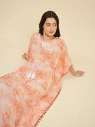 The Kaftan Company Kaftan Peach Floral Print Cotton Kaftan with Pom-Pom Trim