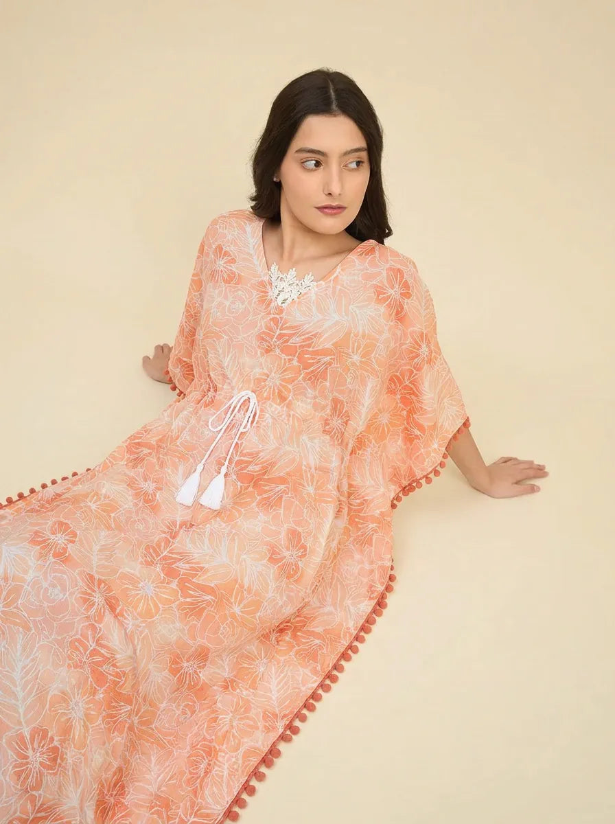 The Kaftan Company Kaftan Peach Floral Print Cotton Kaftan with Pom-Pom Trim