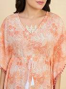 The Kaftan Company Kaftan Peach Floral Print Cotton Kaftan with Pom-Pom Trim