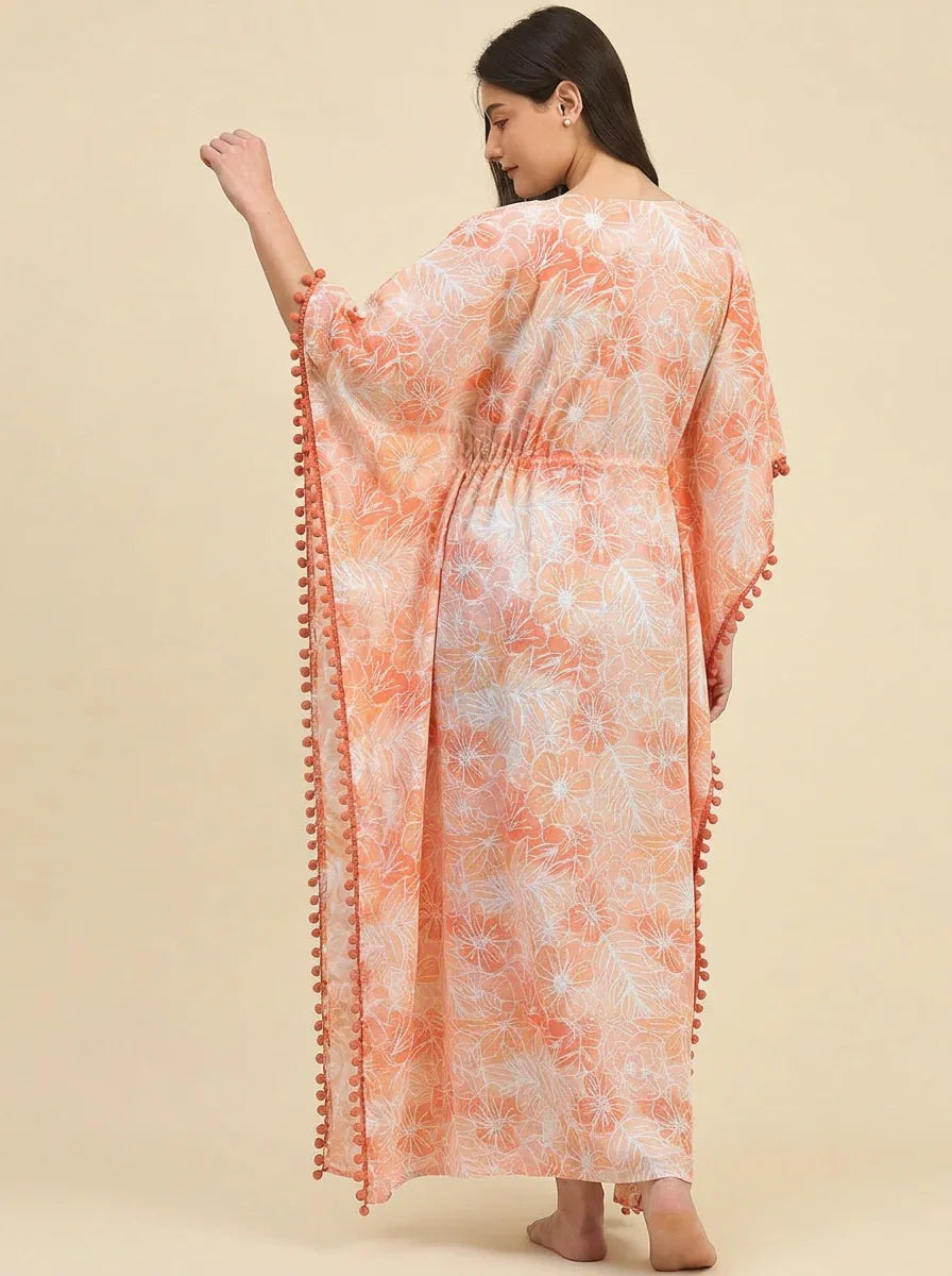 The Kaftan Company Kaftan Peach Floral Print Cotton Kaftan with Pom-Pom Trim