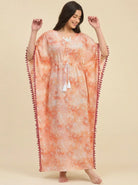 The Kaftan Company Kaftan Peach Floral Print Cotton Kaftan with Pom-Pom Trim