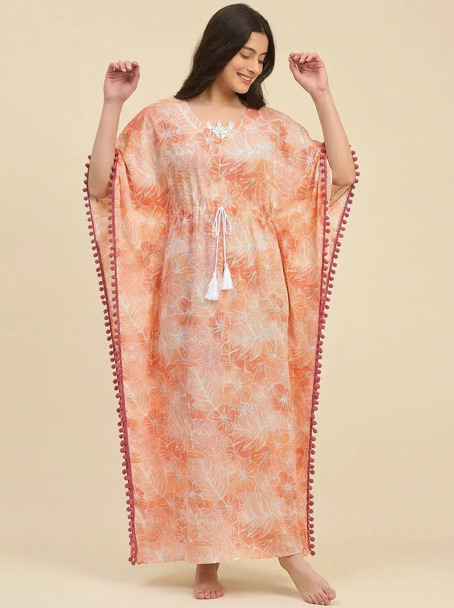 The Kaftan Company Kaftan Peach Floral Print Cotton Kaftan with Pom-Pom Trim