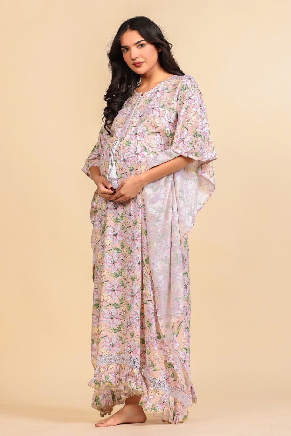 The Kaftan Company Kaftan Peach Floral Print Viscose Maternity Kaftan with Tassel and Lace Details