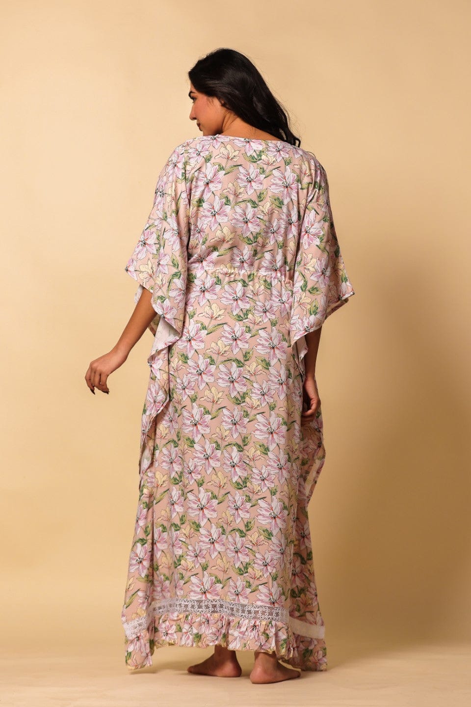The Kaftan Company Kaftan Peach Floral Print Viscose Maternity Kaftan with Tassel and Lace Details