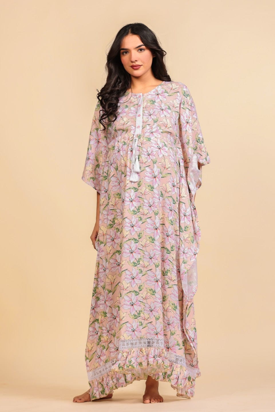 The Kaftan Company Kaftan Peach Floral Print Viscose Maternity Kaftan with Tassel and Lace Details
