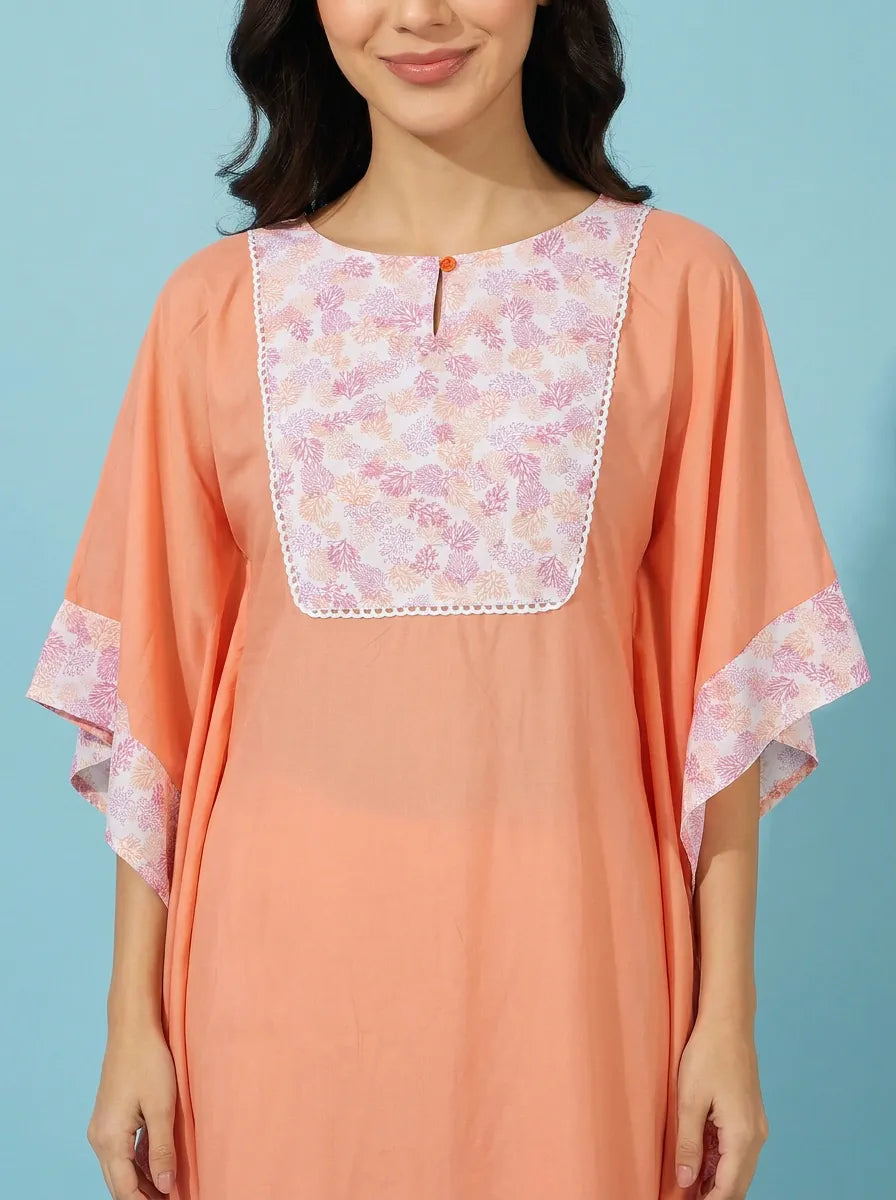 The Kaftan Company Kaftan Peach Modal Kaftan with Floral Yoke and Lace Trim
