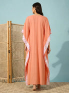 The Kaftan Company Kaftan Peach Modal Kaftan with Floral Yoke and Lace Trim
