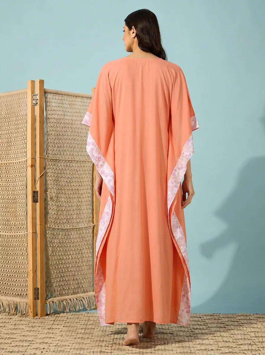 The Kaftan Company Kaftan Peach Modal Kaftan with Floral Yoke and Lace Trim