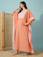 The Kaftan Company Kaftan Peach Modal Kaftan with Floral Yoke and Lace Trim