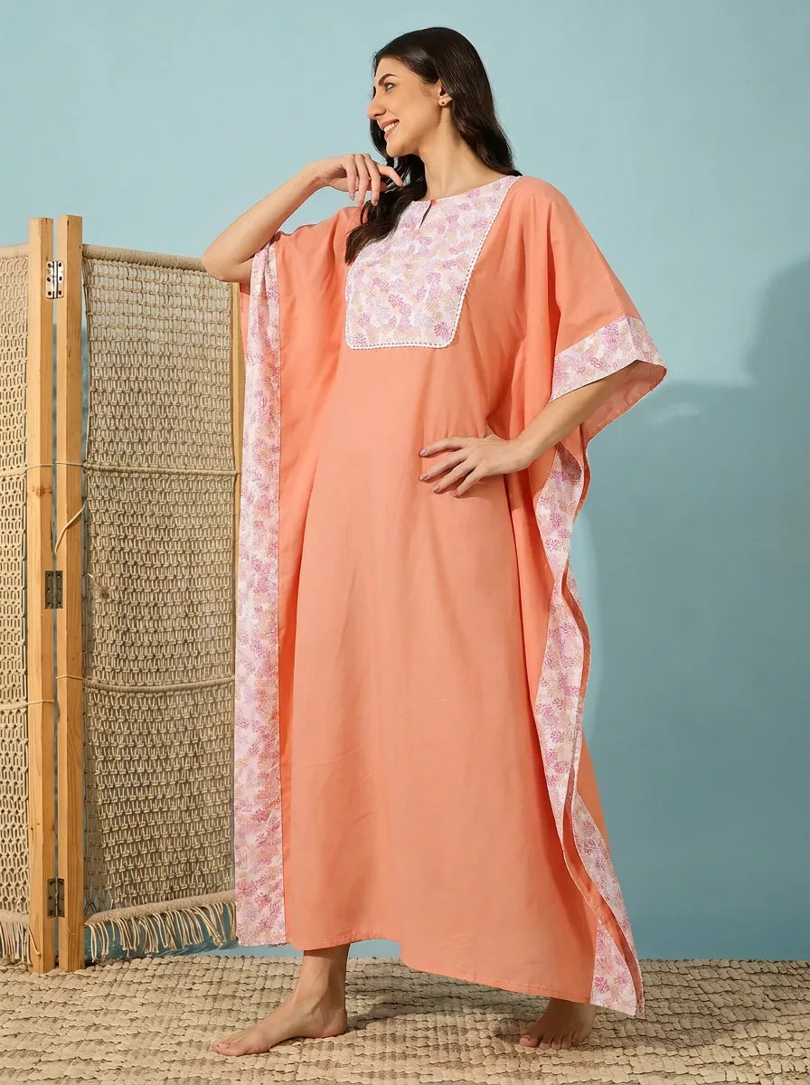 The Kaftan Company Kaftan Peach Modal Kaftan with Floral Yoke and Lace Trim