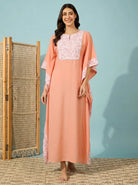The Kaftan Company Kaftan Peach Modal Kaftan with Floral Yoke and Lace Trim