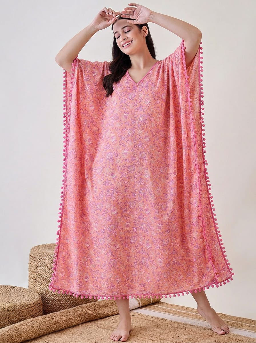The Kaftan Company Kaftan Pink Abstract Floral Cotton Kaftan Nightdress