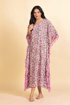 The Kaftan Company Kaftan Pink and Grey Floral Print Cotton Kaftan with Tassel Side Borders