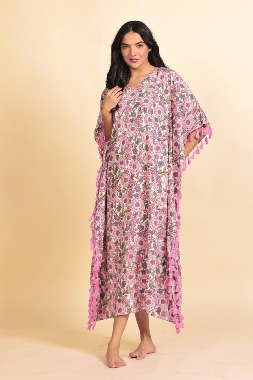 The Kaftan Company Kaftan Pink and Grey Floral Print Cotton Kaftan with Tassel Side Borders