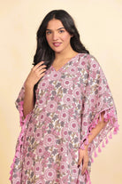 The Kaftan Company Kaftan Pink and Grey Floral Print Cotton Kaftan with Tassel Side Borders