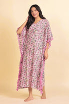 The Kaftan Company Kaftan Pink and Grey Floral Print Cotton Kaftan with Tassel Side Borders