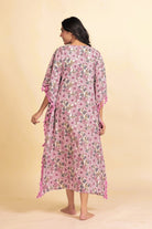 The Kaftan Company Kaftan Pink and Grey Floral Print Cotton Kaftan with Tassel Side Borders