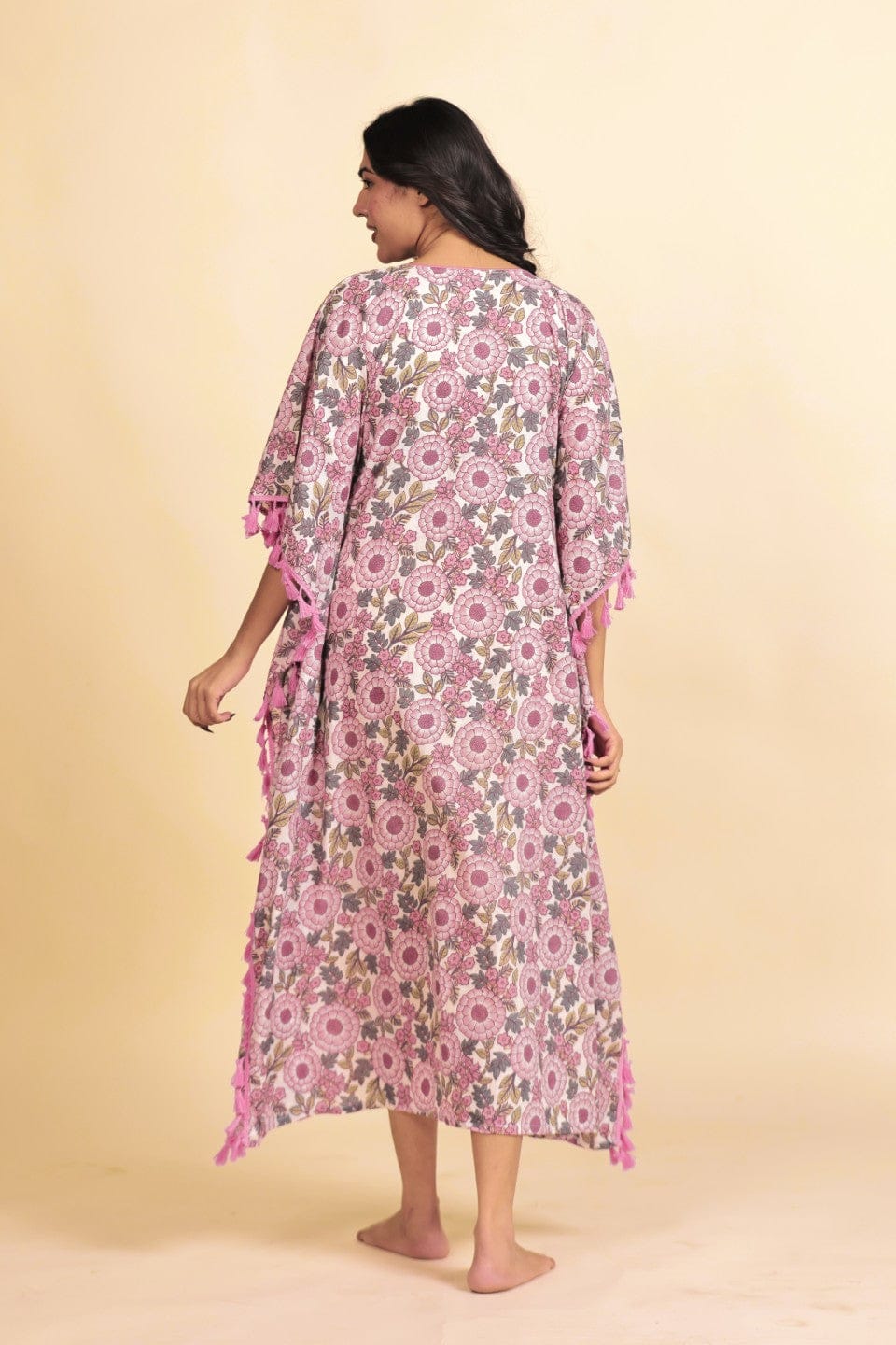 The Kaftan Company Kaftan Pink and Grey Floral Print Cotton Kaftan with Tassel Side Borders