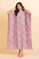 The Kaftan Company Kaftan Pink and Grey Floral Print Cotton Kaftan with Tassel Side Borders