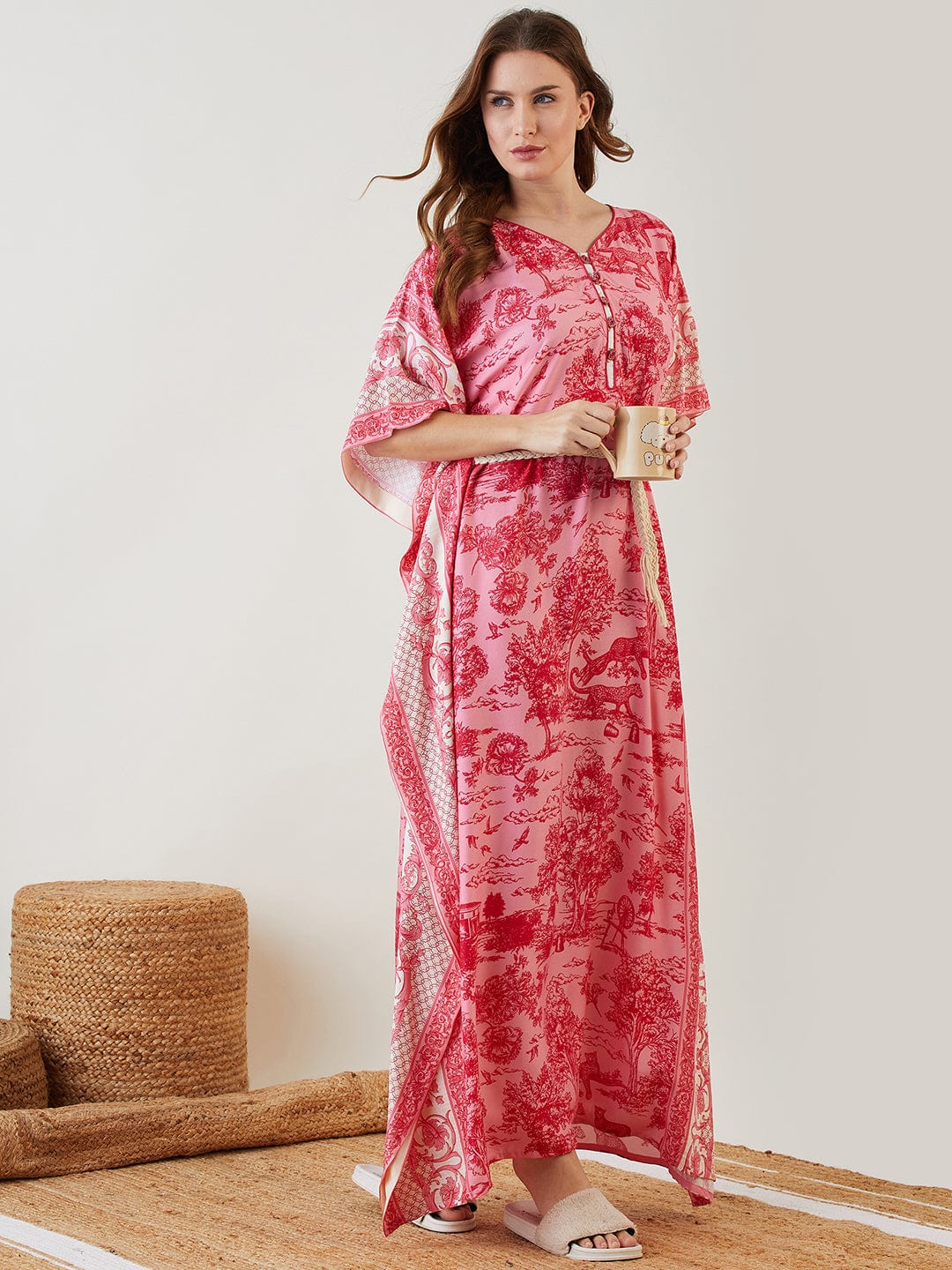 The Kaftan Company Kaftan Pink Digital Jungle Printed Kaftan