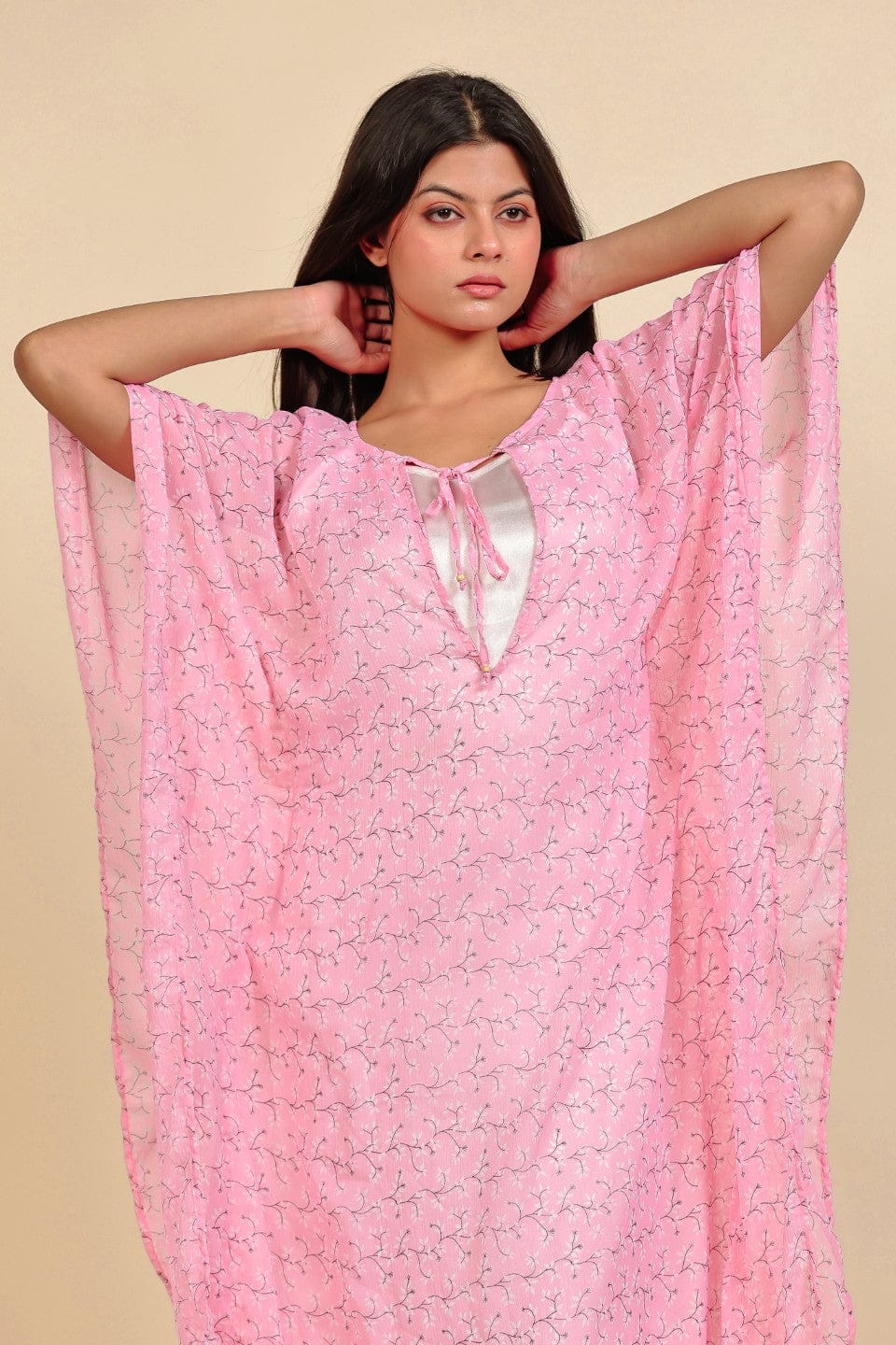 The Kaftan Company Kaftan Pink Floral Chiffon Kaftan Nightdress with Satin Slip Inner