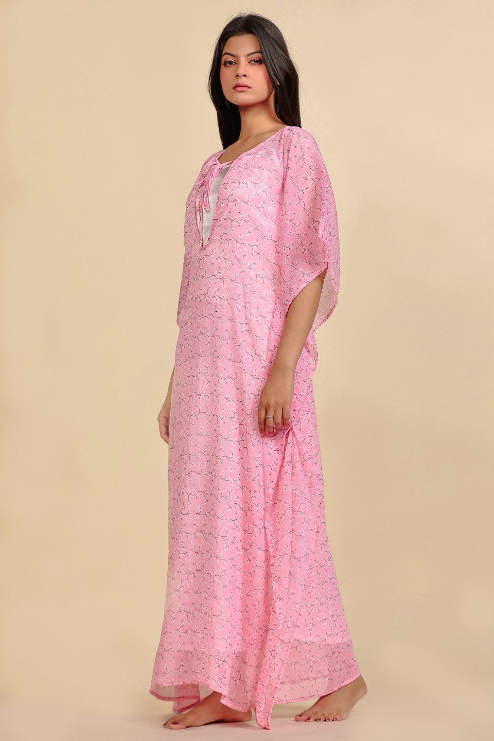 The Kaftan Company Kaftan Pink Floral Chiffon Kaftan Nightdress with Satin Slip Inner
