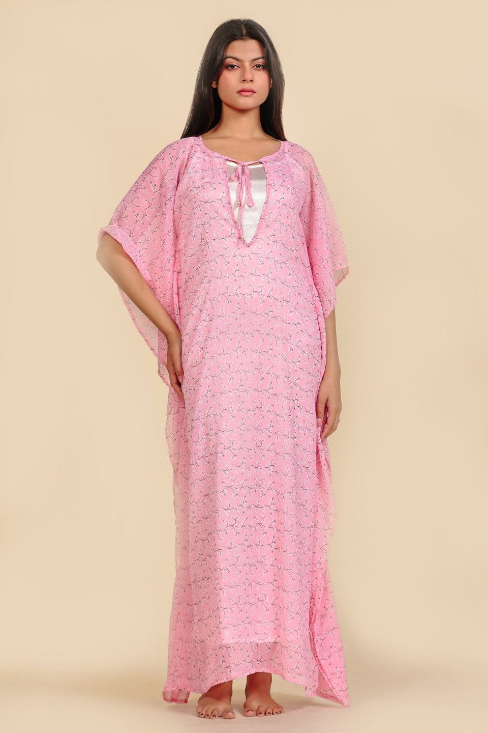 The Kaftan Company Kaftan Pink Floral Chiffon Kaftan Nightdress with Satin Slip Inner