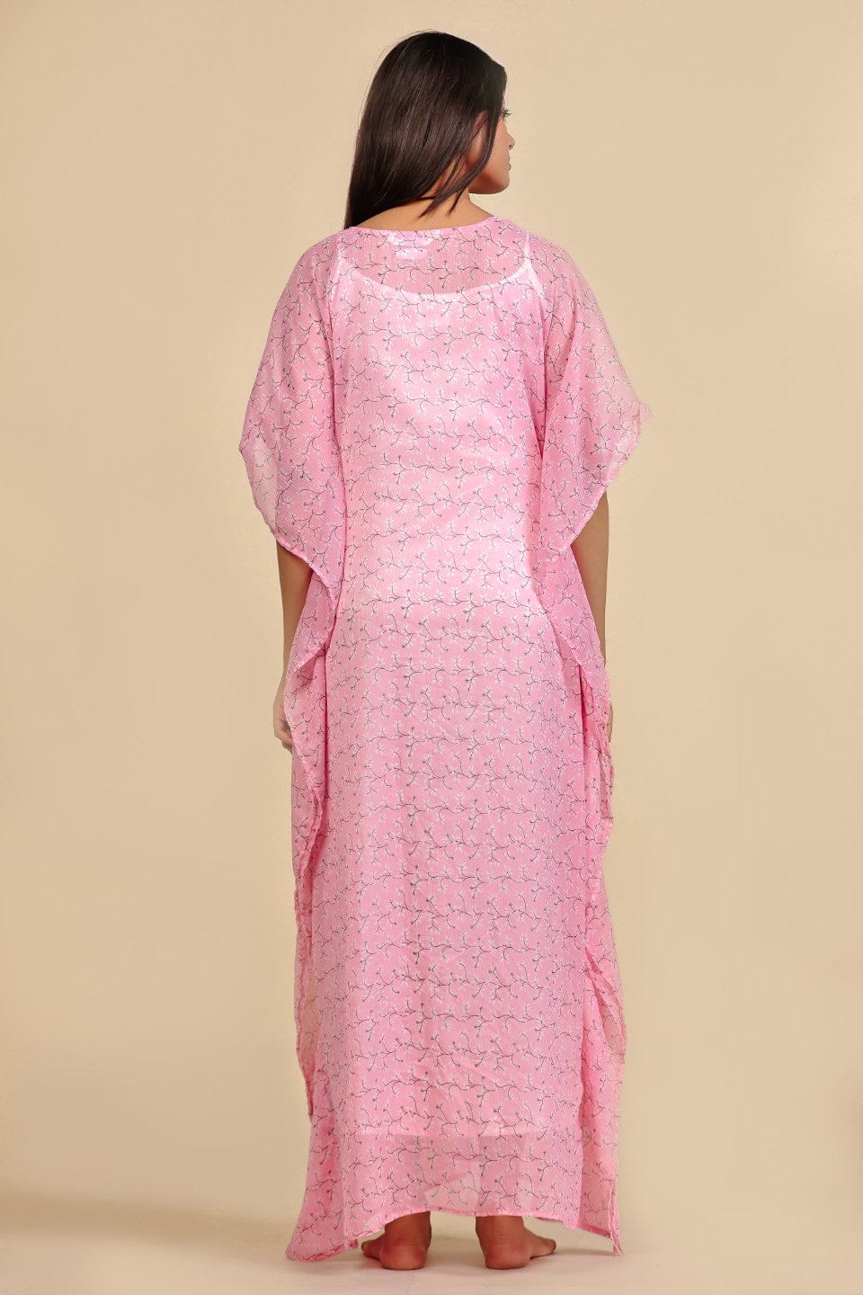 The Kaftan Company Kaftan Pink Floral Chiffon Kaftan Nightdress with Satin Slip Inner