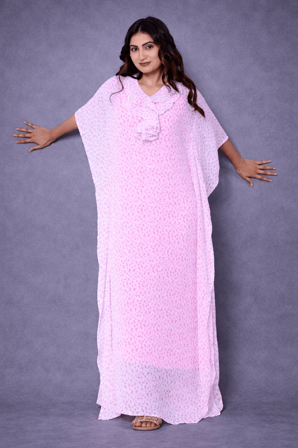 The Kaftan Company Kaftan Pink Floral Chiffon Loungewear Kaftan with Crepe Slip