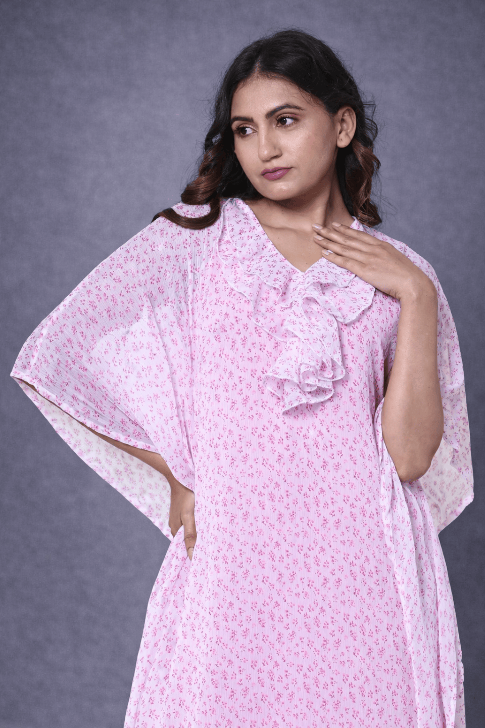 The Kaftan Company Kaftan Pink Floral Chiffon Loungewear Kaftan with Crepe Slip