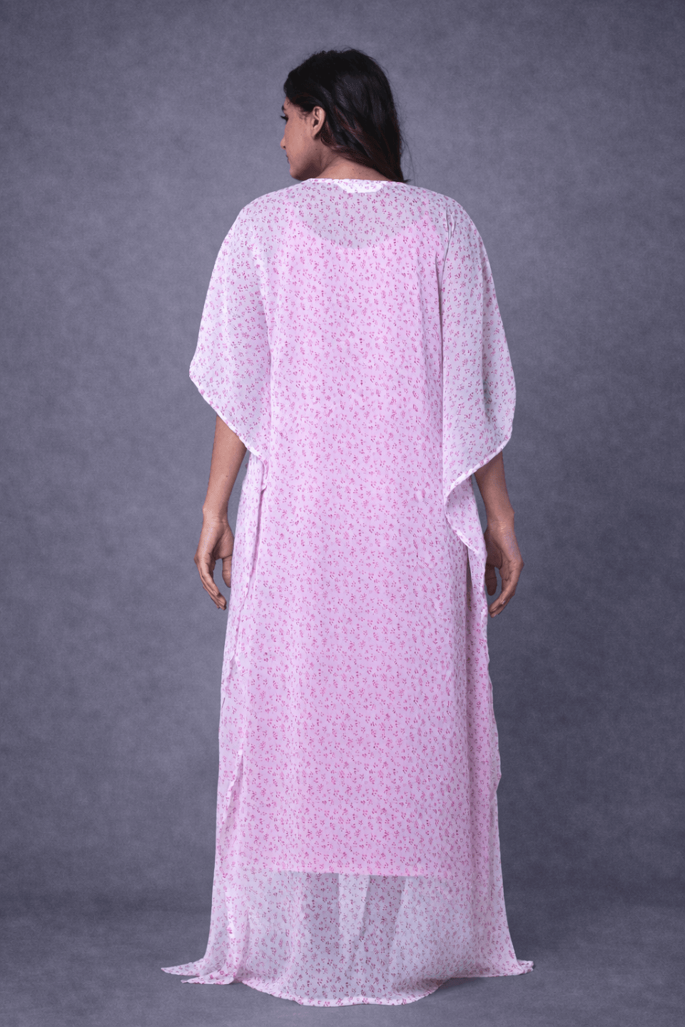 The Kaftan Company Kaftan Pink Floral Chiffon Loungewear Kaftan with Crepe Slip