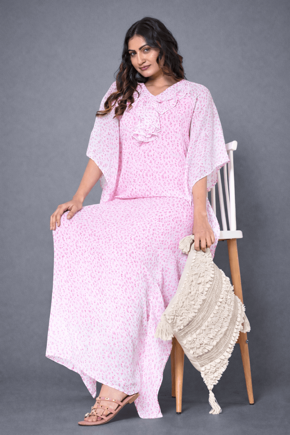The Kaftan Company Kaftan Pink Floral Chiffon Loungewear Kaftan with Crepe Slip