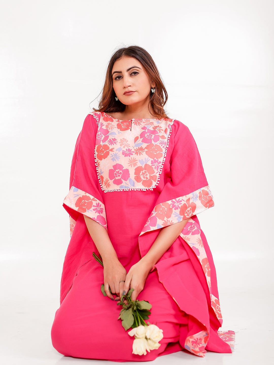 The Kaftan Company Kaftan Pink Floral Cotton Kaftan with Pockets