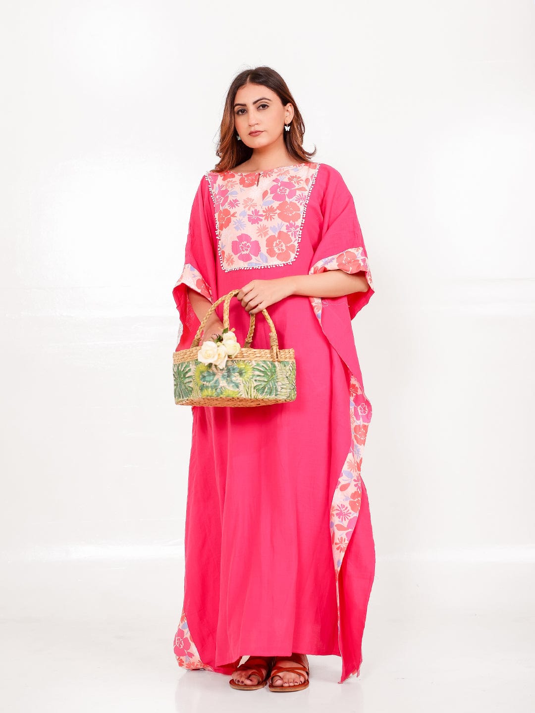 The Kaftan Company Kaftan Pink Floral Cotton Kaftan with Pockets