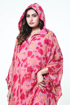 The Kaftan Company Kaftan Pink Floral Georgette Hooded Loungewear Kaftan with Crepe Slip