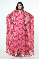 The Kaftan Company Kaftan Pink Floral Georgette Hooded Loungewear Kaftan with Crepe Slip