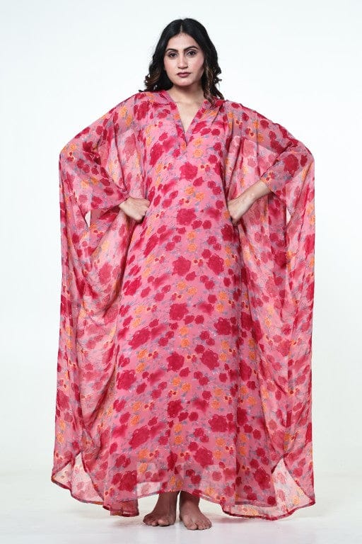 The Kaftan Company Kaftan Pink Floral Georgette Hooded Loungewear Kaftan with Crepe Slip
