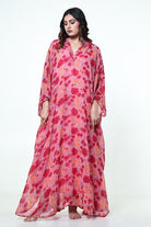 The Kaftan Company Kaftan Pink Floral Georgette Hooded Loungewear Kaftan with Crepe Slip