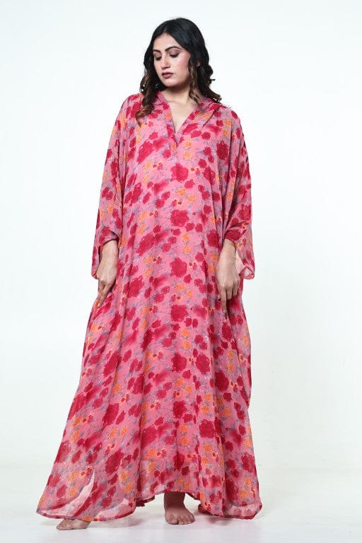 The Kaftan Company Kaftan Pink Floral Georgette Hooded Loungewear Kaftan with Crepe Slip