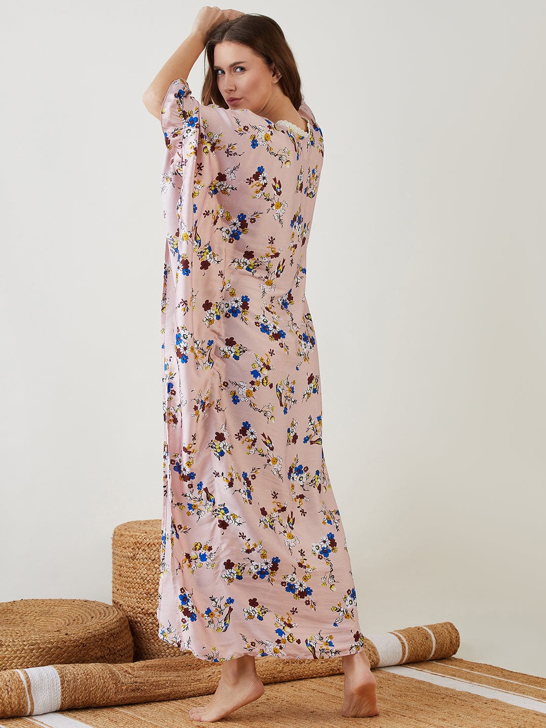 The Kaftan Company Kaftan Pink Floral Laced Up Kaftan