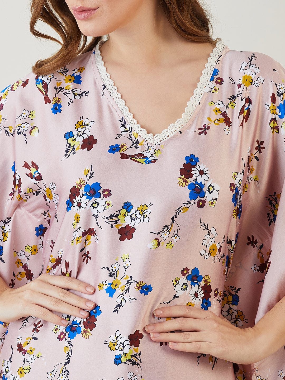 The Kaftan Company Kaftan Pink Floral Laced Up Kaftan