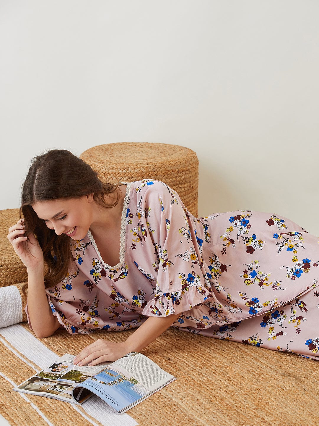 The Kaftan Company Kaftan Pink Floral Laced Up Kaftan