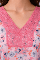 The Kaftan Company Kaftan Pink Floral Print Georgette Loungewear Kaftan with Lace Trim
