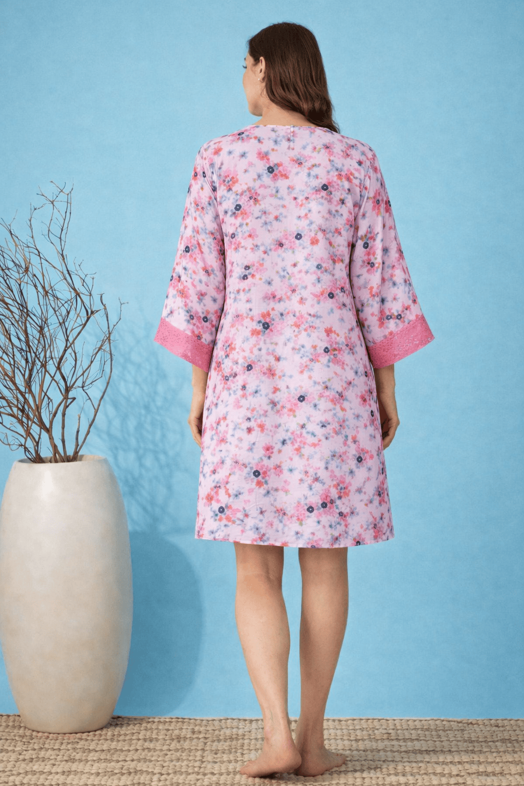 The Kaftan Company Kaftan Pink Floral Print Georgette Loungewear Kaftan with Lace Trim