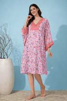 The Kaftan Company Kaftan Pink Floral Print Georgette Loungewear Kaftan with Lace Trim