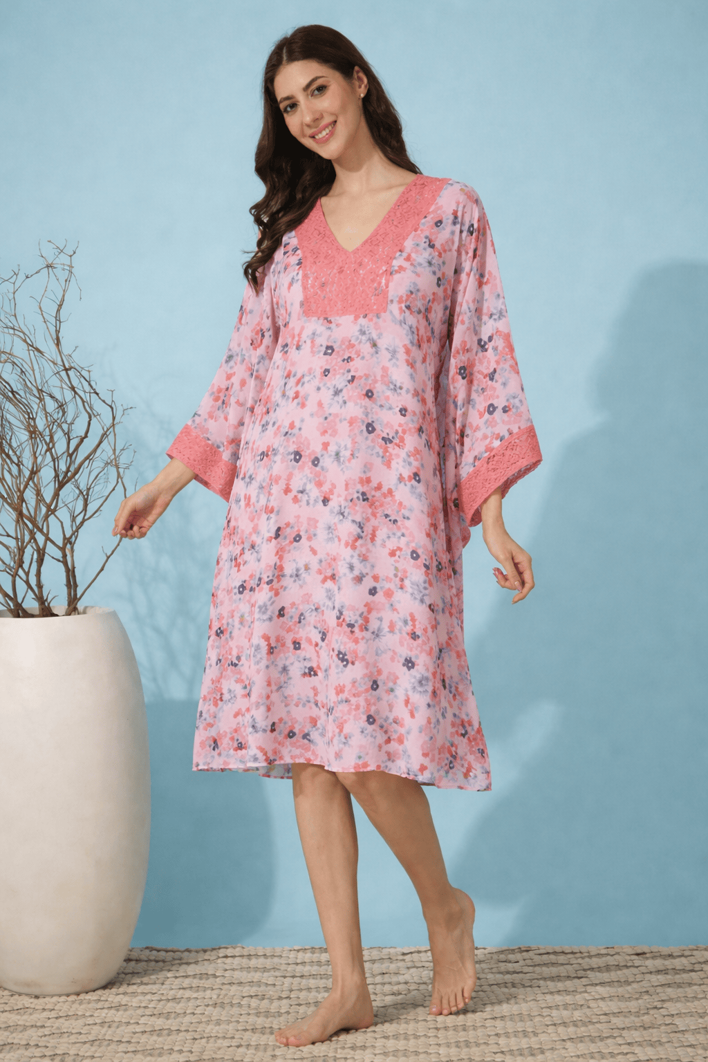 The Kaftan Company Kaftan Pink Floral Print Georgette Loungewear Kaftan with Lace Trim