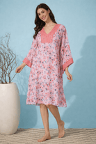 The Kaftan Company Kaftan Pink Floral Print Georgette Loungewear Kaftan with Lace Trim