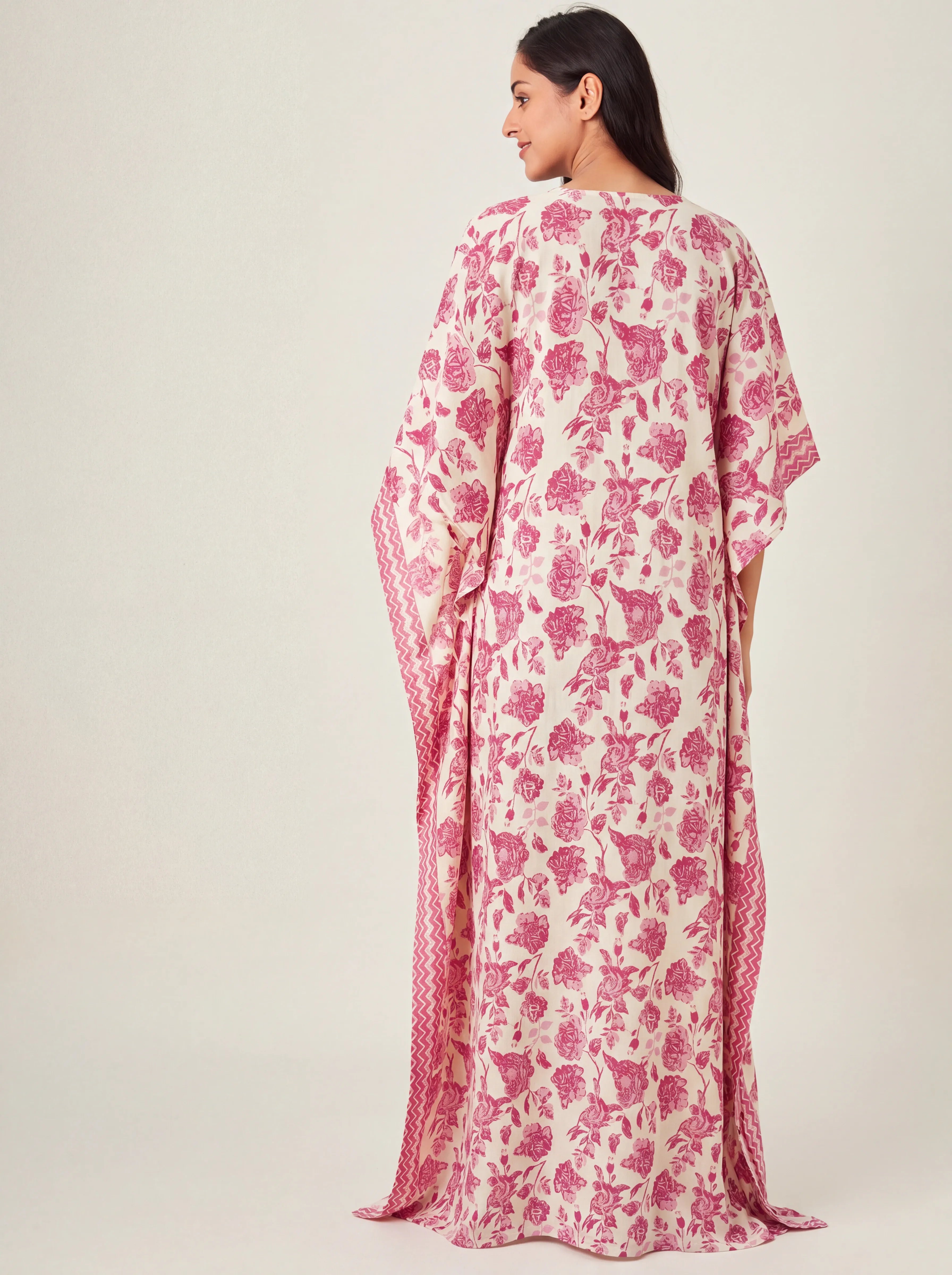 The Kaftan Company Kaftan Pink Floral Print Maxi Kaftan in Viscose Rayon