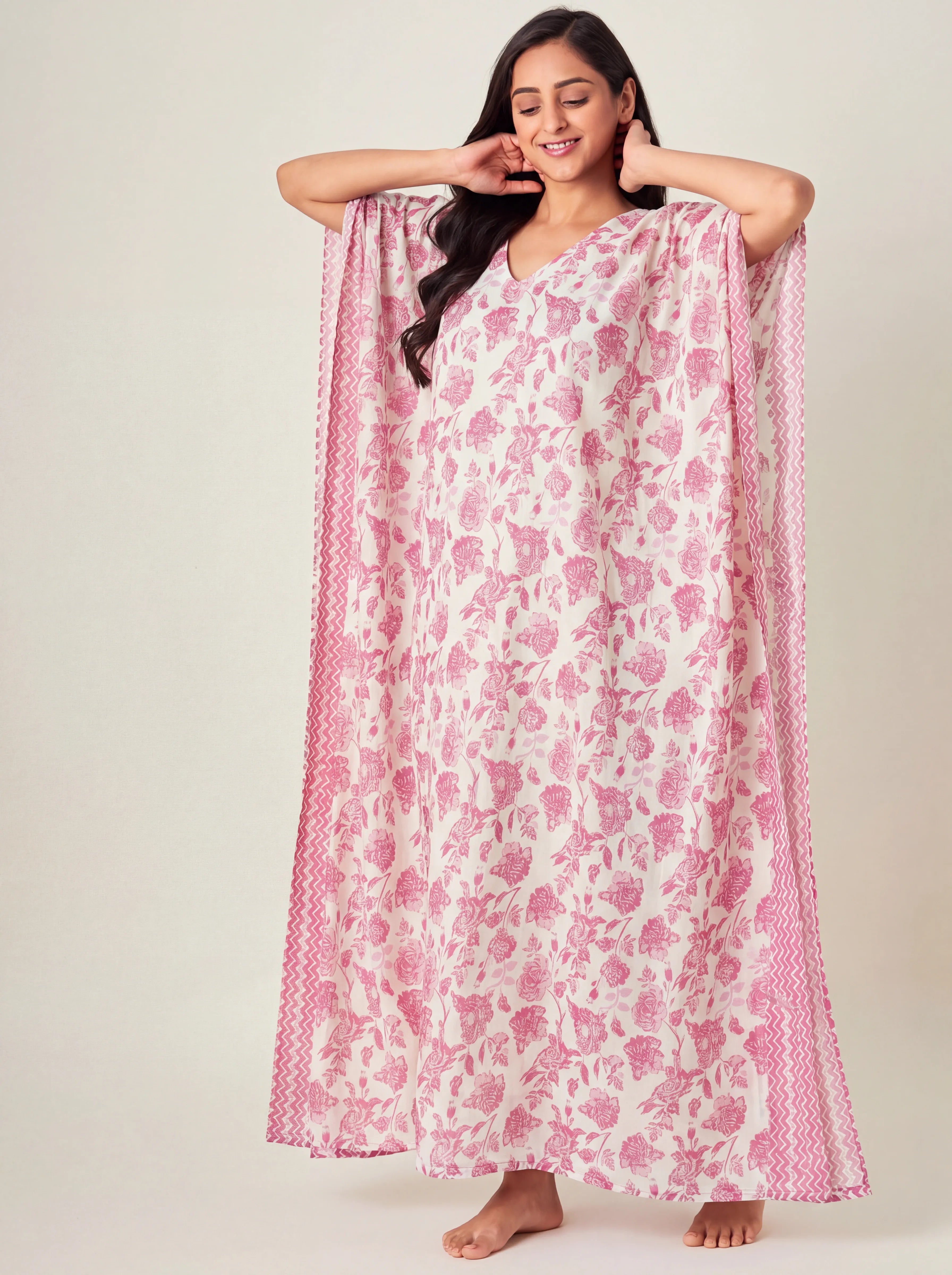 The Kaftan Company Kaftan Pink Floral Print Maxi Kaftan in Viscose Rayon